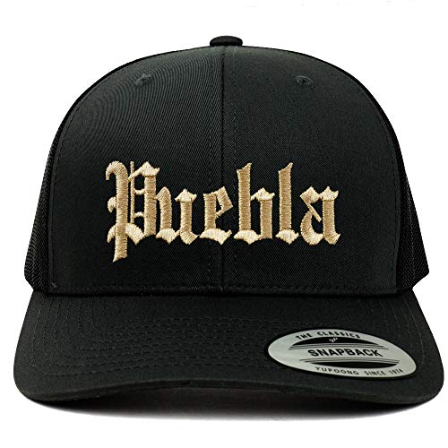 Trendy Apparel Shop Old English Puebla Gold Embroidered Retro Trucker Mesh Cap