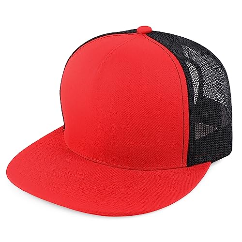 Trendy Apparel Shop Structured High Crown 5 Panel Round Flat Bill Trucker Cap