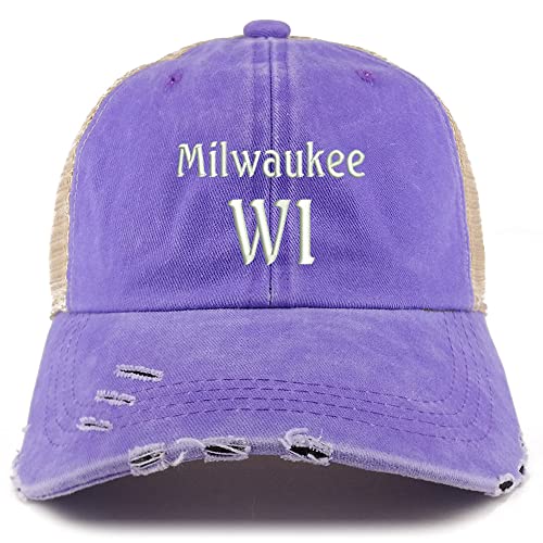 Trendy Apparel Shop Milwaukee WI Embroidered Frayed Bill Trucker Mesh Back Cap
