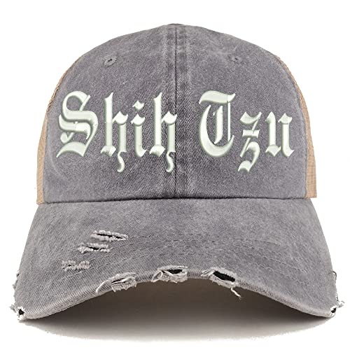 Trendy Apparel Shop Old English Shih Tzu Frayed Bill Trucker Mesh Back Cap