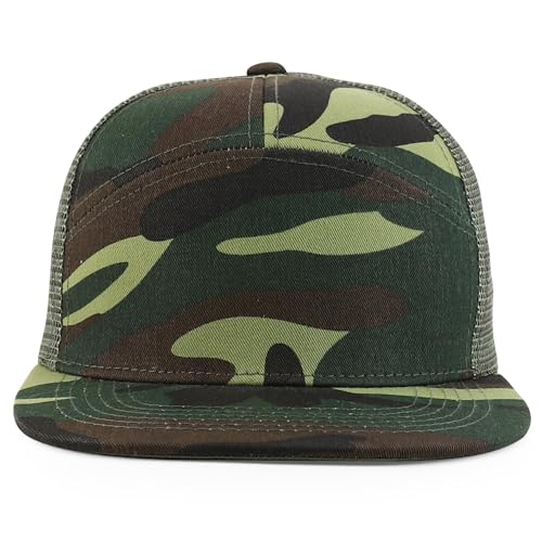 Trendy Apparel Shop Plain 7 Panel Structured Flat Bill Mesh Back Trucker Cap