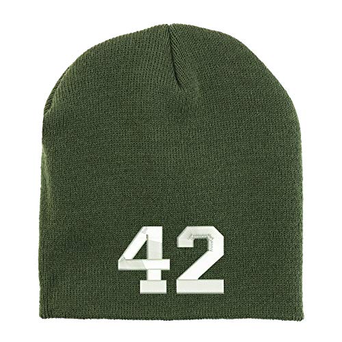 Trendy Apparel Shop Number 42 Collegiate Varsity Font Embroidered Made in USA Short Acrylic Knit Winter Beanie Hat