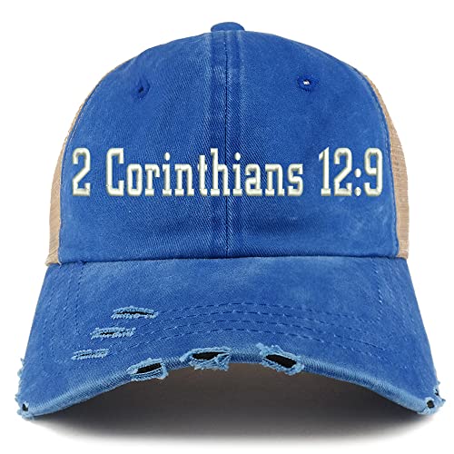 Trendy Apparel Shop 2 Corinthians 12:9 Frayed Bill Trucker Mesh Back Cap