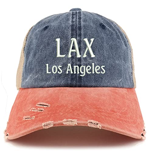 Trendy Apparel Shop LAX Los Angeles Embroidered Frayed Bill Trucker Mesh Back Cap
