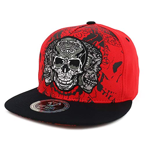 Trendy Apparel Shop Three Skull Embroidered 5 Panel Flatbill Snapback Hat