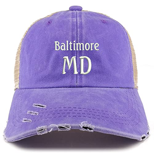 Trendy Apparel Shop Baltimore MD Embroidered Frayed Bill Trucker Mesh Back Cap