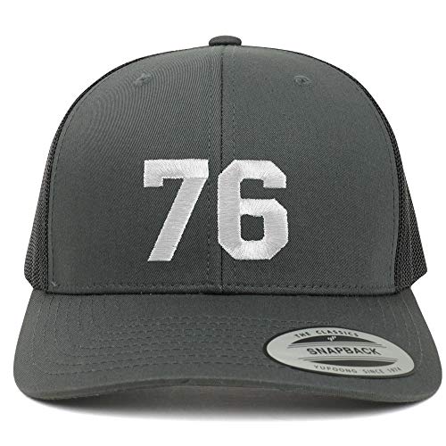 Trendy Apparel Shop Number 76 White Thread Embroidered Retro Trucker Mesh Cap - Black