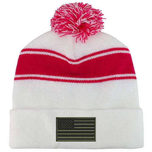 Trendy Apparel Shop Olive American Flag Two Tone Pom Striped Long Beanie Hat