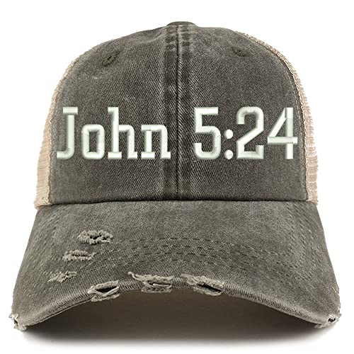 Trendy Apparel Shop John 5:24 Frayed Bill Trucker Mesh Back Cap