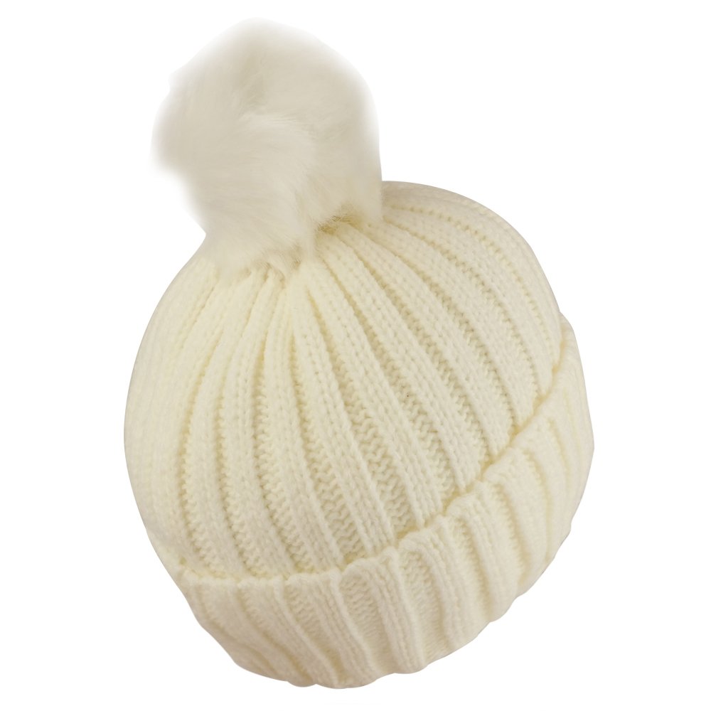 Trendy Apparel Shop Kid's Ribbed Knit Cuff Beanie with Fur Pom Pom