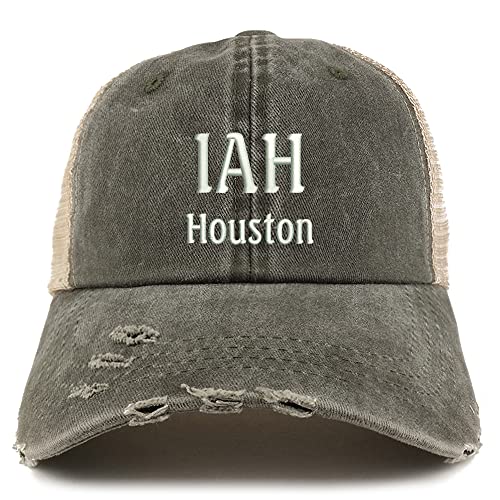 Trendy Apparel Shop IAH Houston Embroidered Frayed Bill Trucker Mesh Back Cap