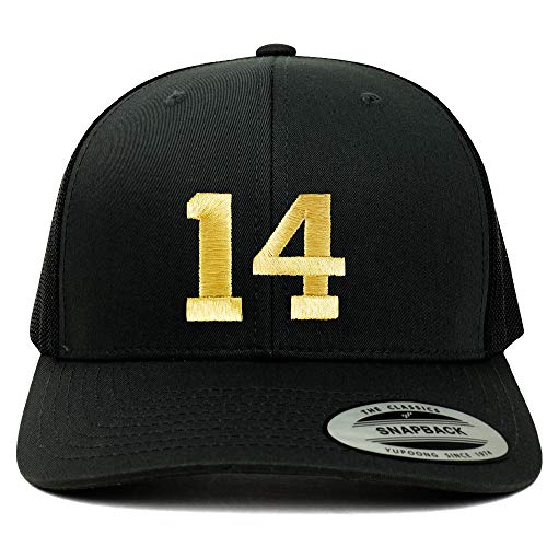Trendy Apparel Shop Number 14 Gold Thread Embroidered Retro Trucker Mesh Cap - Black