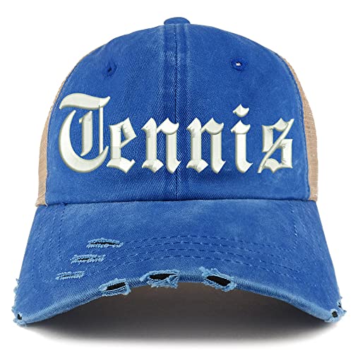 Trendy Apparel Shop Old English Tennis Frayed Bill Trucker Mesh Back Cap