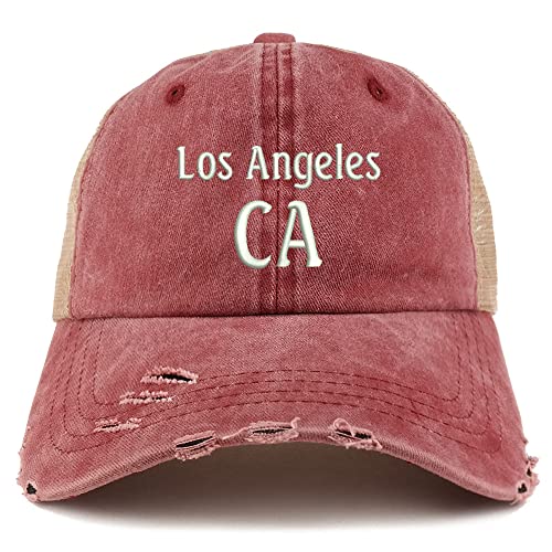 Trendy Apparel Shop Los Angeles CA Embroidered Frayed Bill Trucker Mesh Back Cap