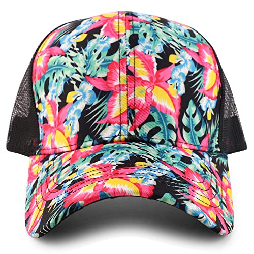 Trendy Apparel Shop Tropical Flower Hibiscus Pattern Print Trucker Mesh Ball Cap