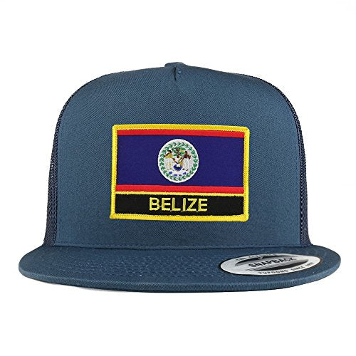 Trendy Apparel Shop Belize Flag 5 Panel Flatbill Trucker Mesh Snapback Cap
