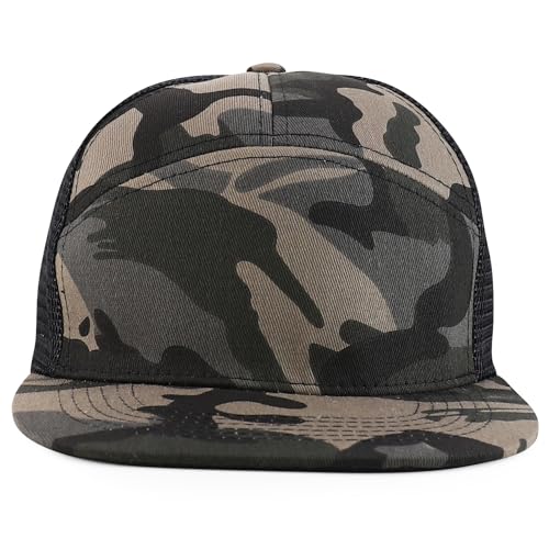 Trendy Apparel Shop Plain 7 Panel Structured Flat Bill Mesh Back Trucker Cap