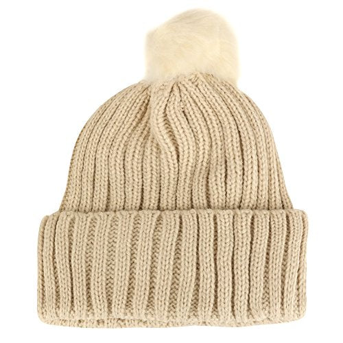 Trendy Apparel Shop Kid's Ribbed Knit Cuff Beanie with Fur Pom Pom