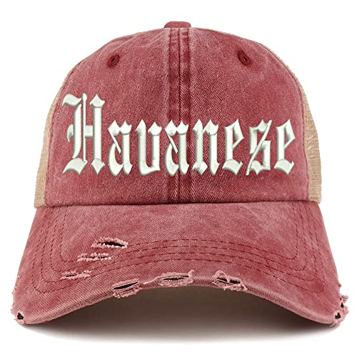 Trendy Apparel Shop Old English Havanese Frayed Bill Trucker Mesh Back Cap