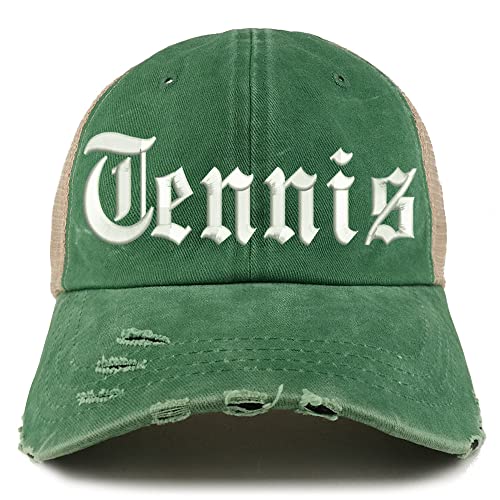 Trendy Apparel Shop Old English Tennis Frayed Bill Trucker Mesh Back Cap
