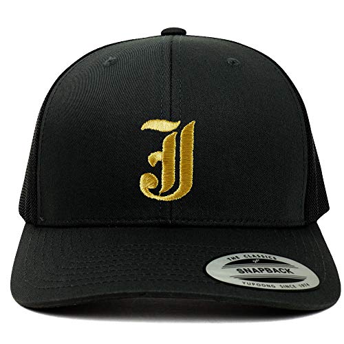 Trendy Apparel Shop Old English Gold J Embroidered Retro Trucker Mesh Baseball Cap