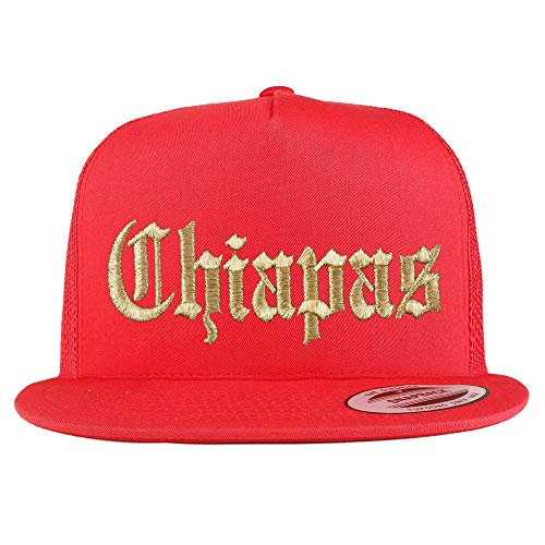 Trendy Apparel Shop Old English Chiapas Gold Embroidered 5 Panel Flatbill Trucker Mesh Cap