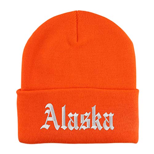 Trendy Apparel Shop Alaska State Old English Embroidered Long Cuff Beanie