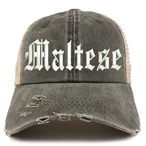 Trendy Apparel Shop Old English Maltese Frayed Bill Trucker Mesh Back Cap