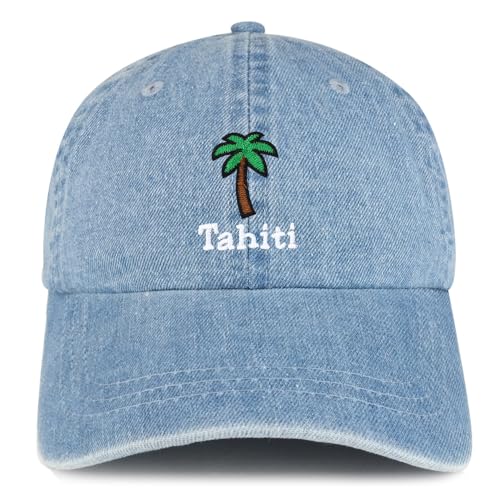Trendy Apparel Shop Tahiti with Palm Tree Embroidered Cotton Denim Baseball Cap