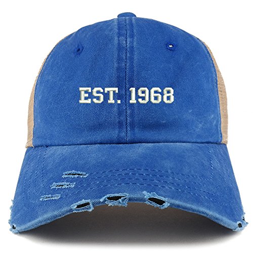 Trendy Apparel Shop EST 1968 Text 51st Birthday Embroider Frayed Trucker Mesh Back Cap