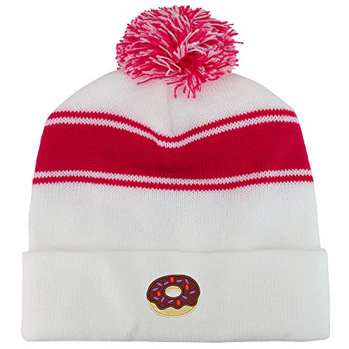Trendy Apparel Shop Donut Embroidered Two Tone Pom Striped Long Beanie Hat