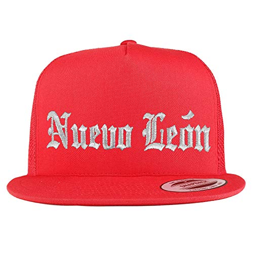 Trendy Apparel Shop Old English Nuevo Leon White Embroidered 5 Panel Flatbill Trucker Mesh Cap