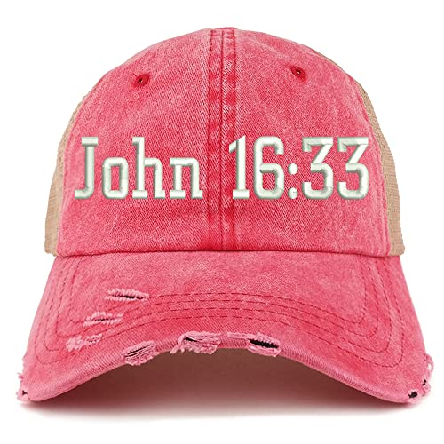 Trendy Apparel Shop John 16:33 Frayed Bill Trucker Mesh Back Cap