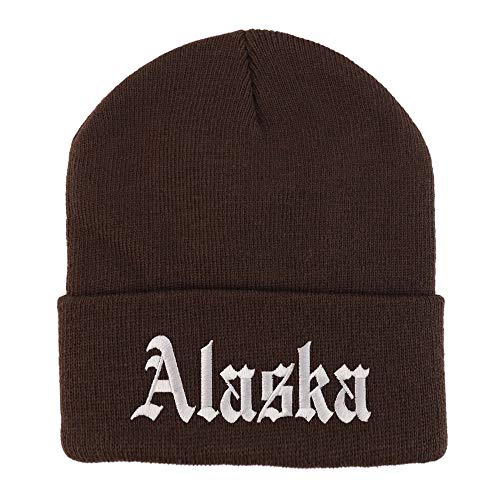 Trendy Apparel Shop Alaska State Old English Embroidered Long Cuff Beanie