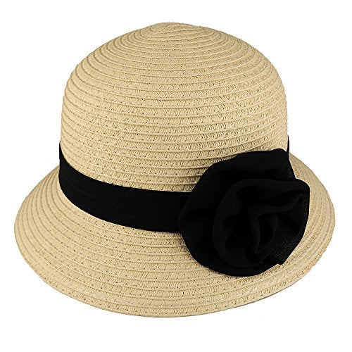 Trendy Apparel Shop Girl's Summer Paper Braid Cloche Hat with Floral Ribbon Hat Band