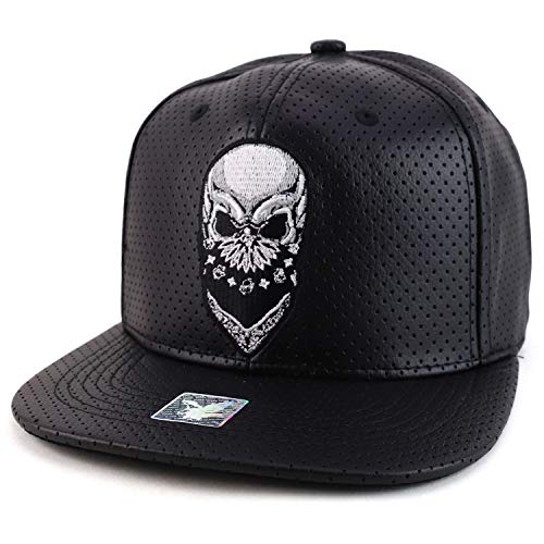 Trendy Apparel Shop Paisley Bandana Skull PU Leather Flatbill Snapback Ball Cap