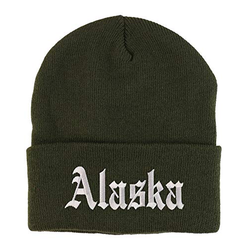 Trendy Apparel Shop Alaska State Old English Embroidered Long Cuff Beanie