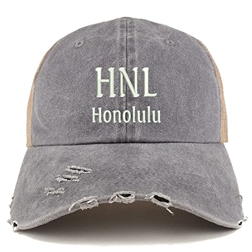 Trendy Apparel Shop HNL Honolulu Embroidered Frayed Bill Trucker Mesh Back Cap