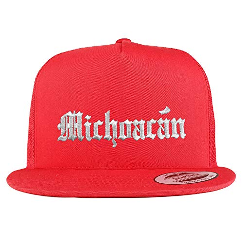 Trendy Apparel Shop Old English Michoacan White Embroidered 5 Panel Flatbill Trucker Mesh Cap
