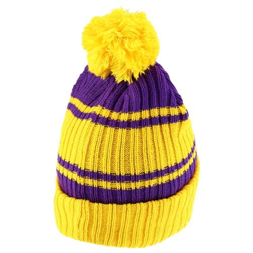 Trendy Apparel Shop Stripe Pattern Ribbed Knit Cuff Long Beanie with Pom Pom