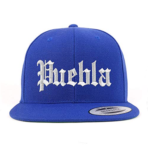 Trendy Apparel Shop Old English Puebla White Embroidered Flatbill Snapback Baseball Cap