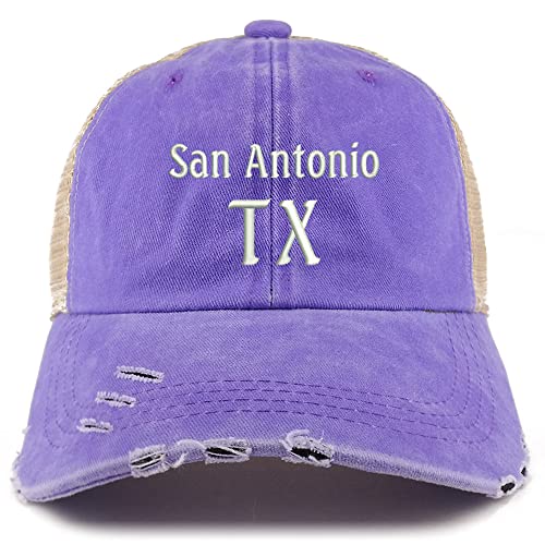 Trendy Apparel Shop San Antonio TX Embroidered Frayed Bill Trucker Mesh Back Cap
