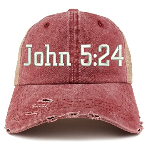 Trendy Apparel Shop John 5:24 Frayed Bill Trucker Mesh Back Cap
