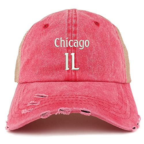 Trendy Apparel Shop Chicago IL Embroidered Frayed Bill Trucker Mesh Back Cap