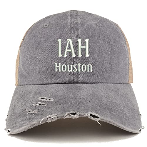 Trendy Apparel Shop IAH Houston Embroidered Frayed Bill Trucker Mesh Back Cap