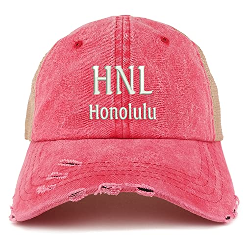 Trendy Apparel Shop HNL Honolulu Embroidered Frayed Bill Trucker Mesh Back Cap