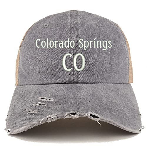 Trendy Apparel Shop Colorado Springs CO Embroidered Frayed Bill Trucker Mesh Back Cap
