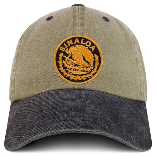 Trendy Apparel Shop Sinaloa Mexico Gold Embroidered Patch Pigment Dyed Washed Baseball Cap