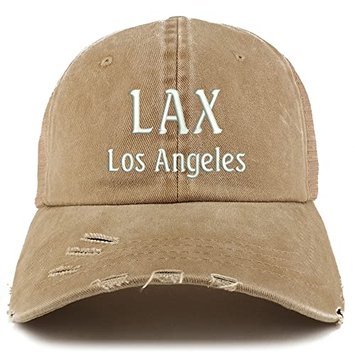 Trendy Apparel Shop LAX Los Angeles Embroidered Frayed Bill Trucker Mesh Back Cap