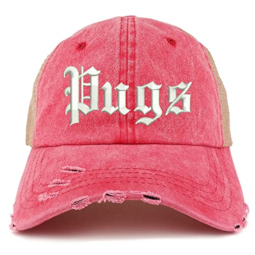 Trendy Apparel Shop Old English Pugs Frayed Bill Trucker Mesh Back Cap